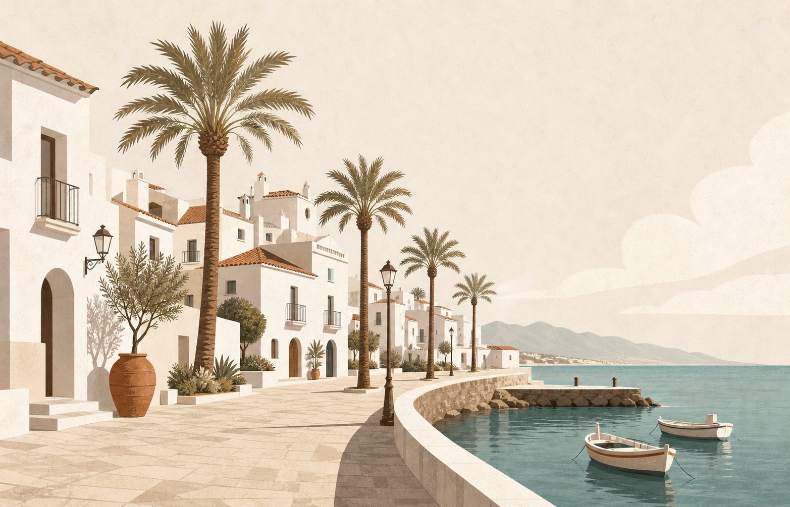 Ilustración editorial de Estepona, costa mediterránea