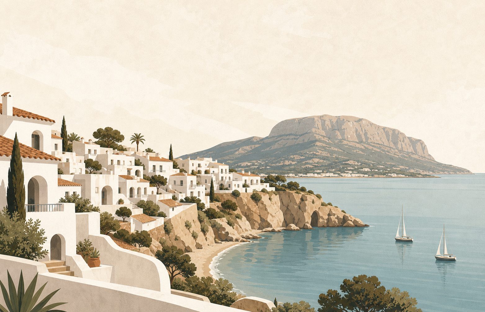 Ilustración editorial de Jávea, costa mediterránea