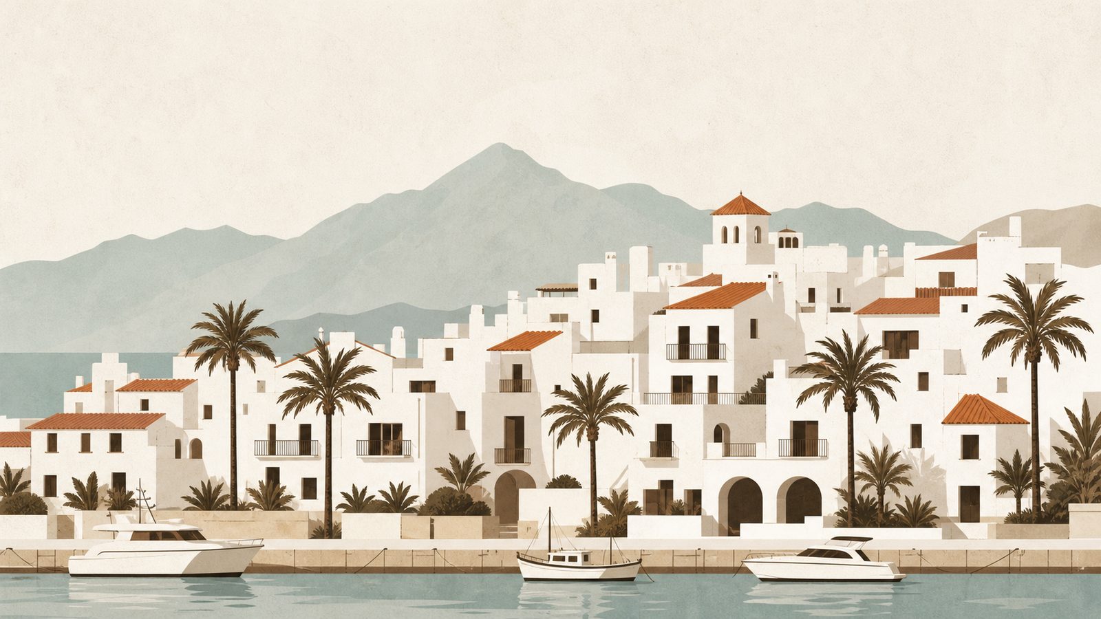 Ilustración editorial de Marbella, costa mediterránea